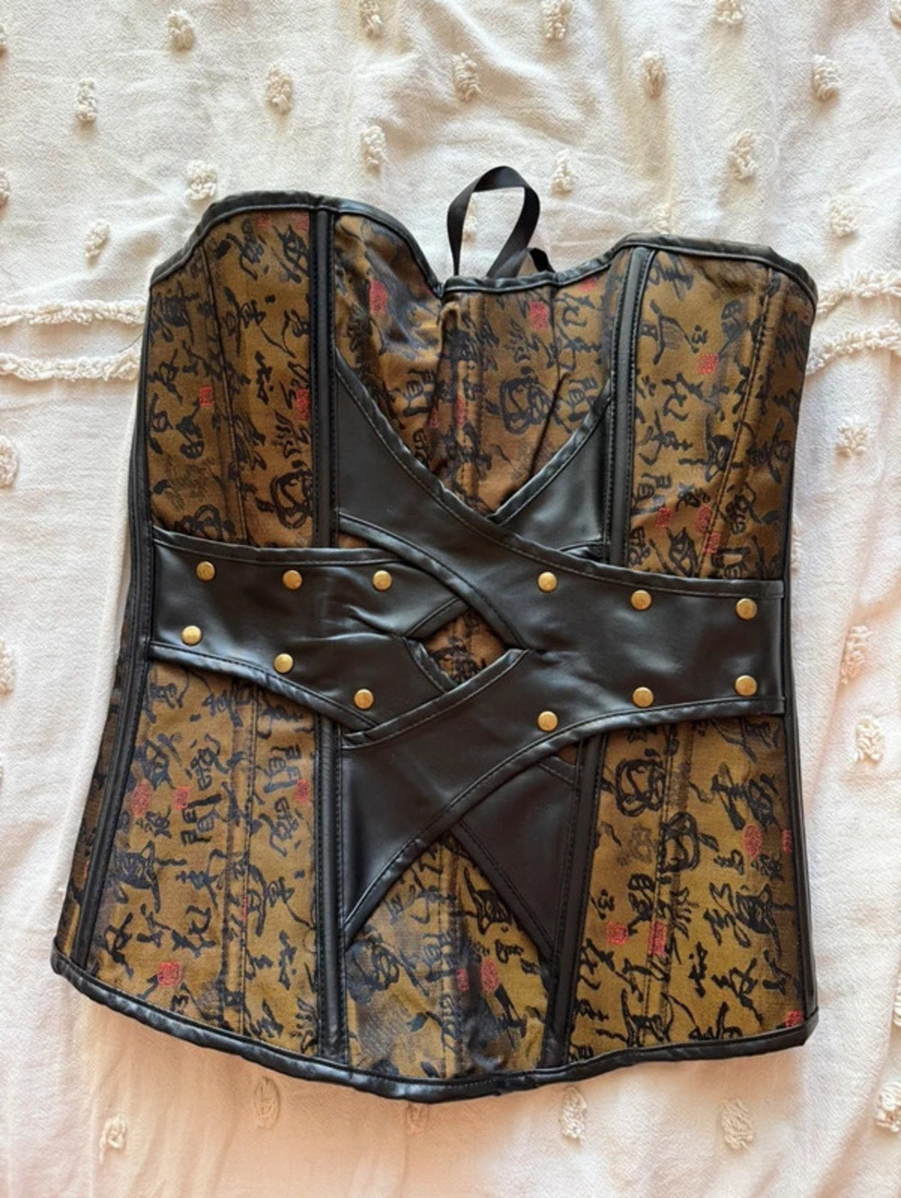 Asian Character Print Brown Black Faux Leather Corset Top Size S Lace Up